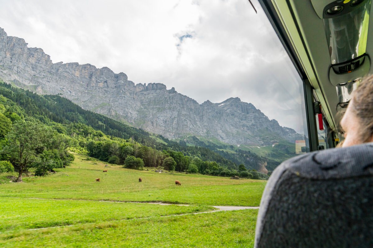 View from the Postbus window to the Gadmer Dolomites